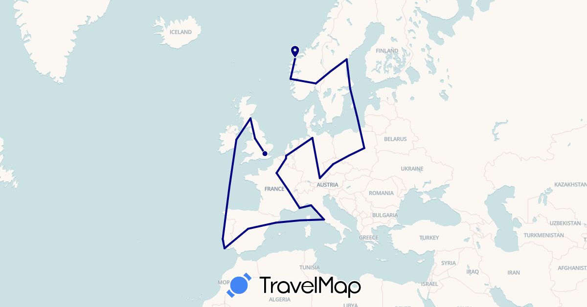 TravelMap itinerary: driving in Belgium, Czech Republic, Germany, Spain, France, United Kingdom, Ireland, Italy, Norway, Poland, Portugal, Sweden (Europe)